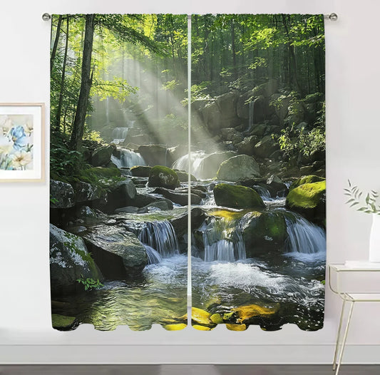 2Pcs 3D Mountain Stream Curtains