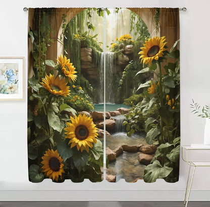 2Pcs 3D Forest Waterfall Curtains