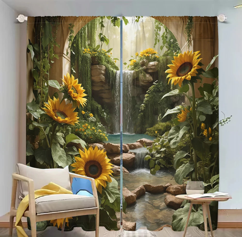 2Pcs 3D Forest Waterfall Curtains