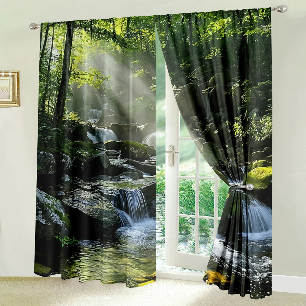 2Pcs 3D Mountain Stream Curtains