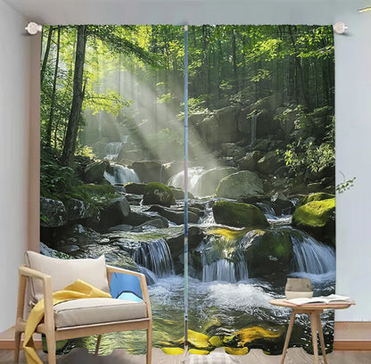 2Pcs 3D Mountain Stream Curtains