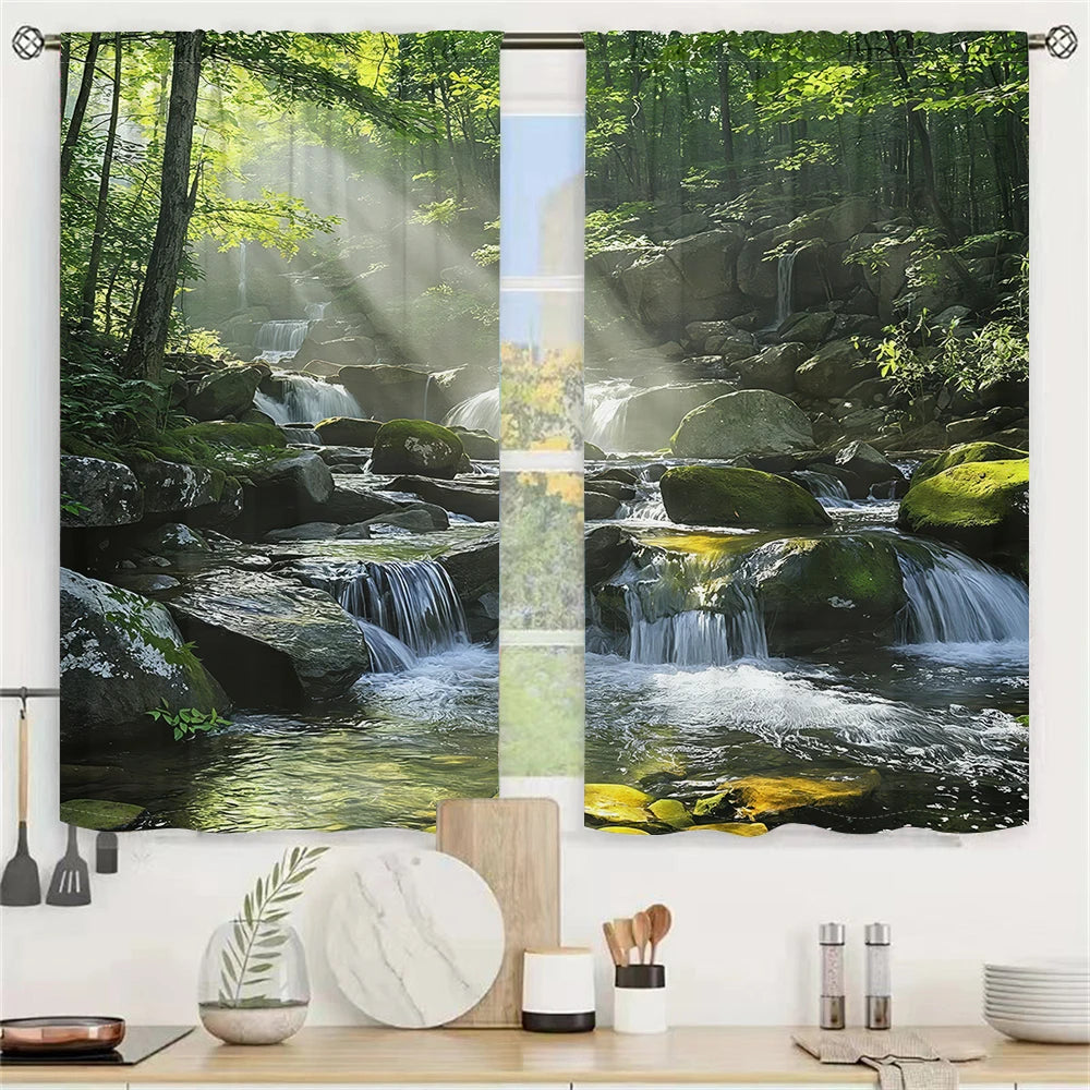 2Pcs 3D Mountain Stream Curtains