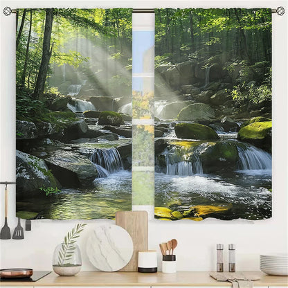 2Pcs 3D Mountain Stream Curtains