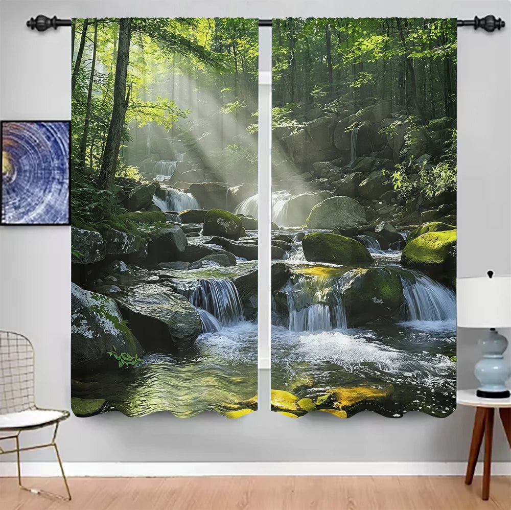 2Pcs 3D Mountain Stream Curtains