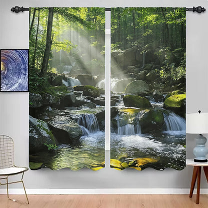 2Pcs 3D Mountain Stream Curtains