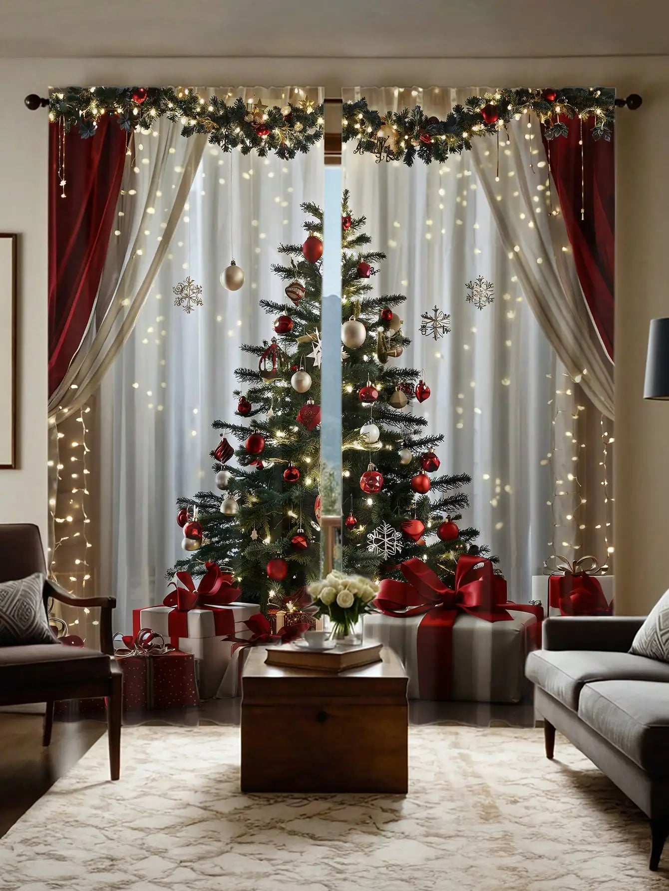 2pcs Luxury Christmas Print Curtains