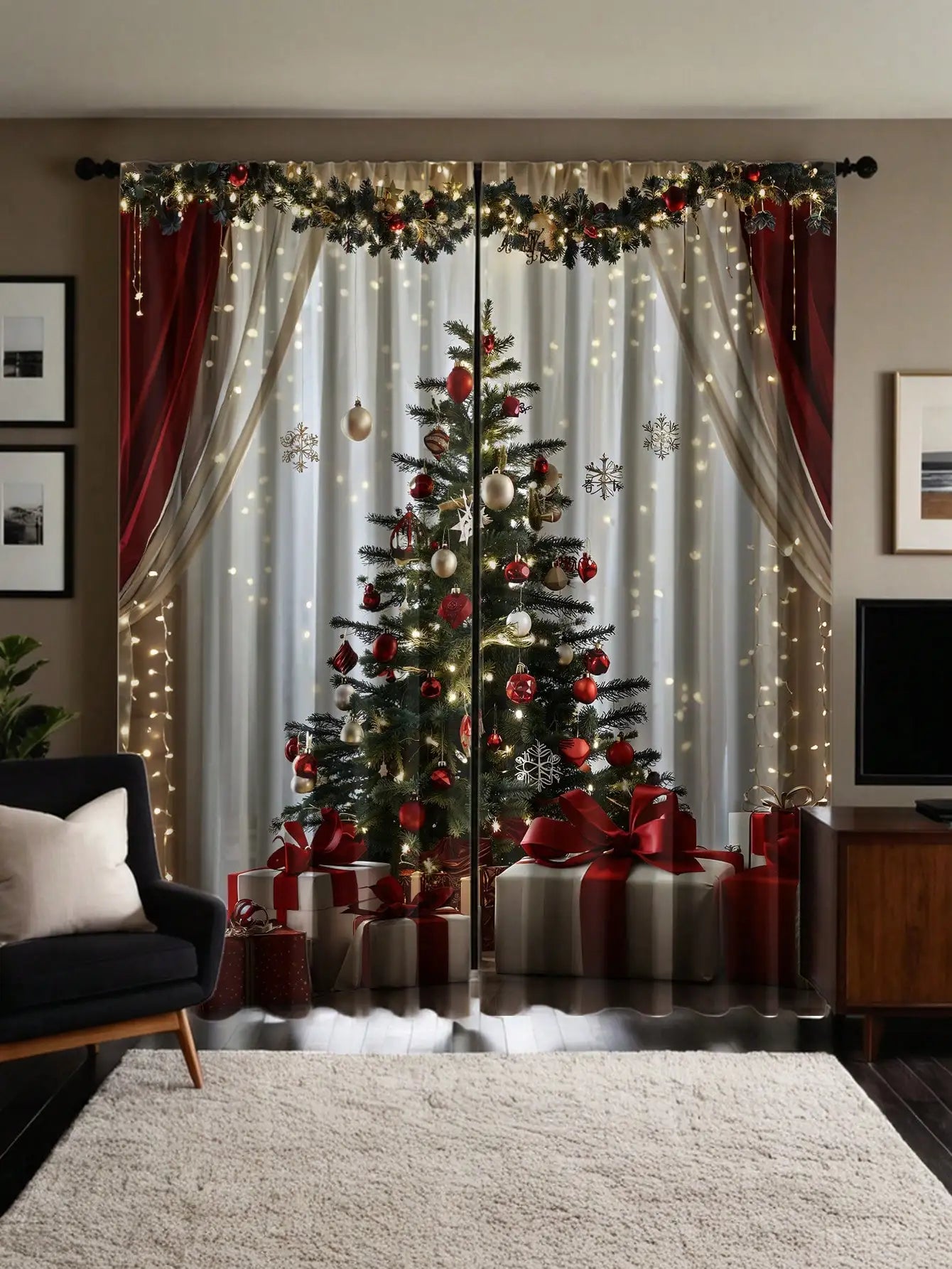 2pcs Luxury Christmas Print Curtains